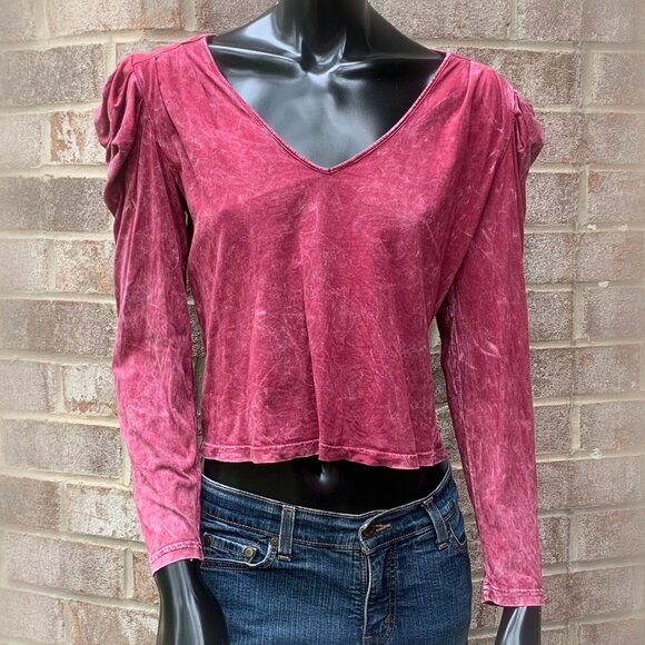 7 For All Mankind Puff Shoulder V-Neck Long Sleeve Stone Washed Cropped Top Sz S - Picture 1 of 12